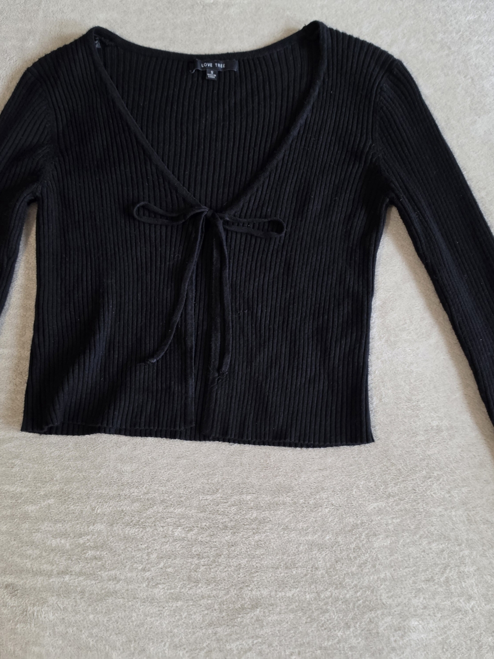 Love Tree Black Ribbed V-Neck Tie-Front Cardigan